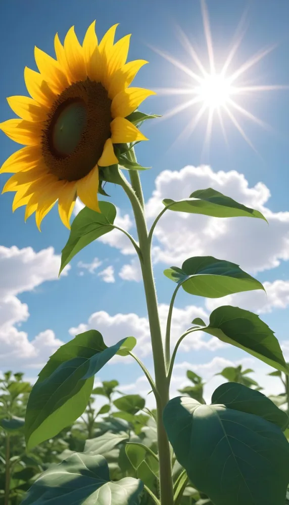 A Sunflower With Green Leaves And A Long Stem Against A Blue Sky With White Clouds And Sun Rays 5 14b2