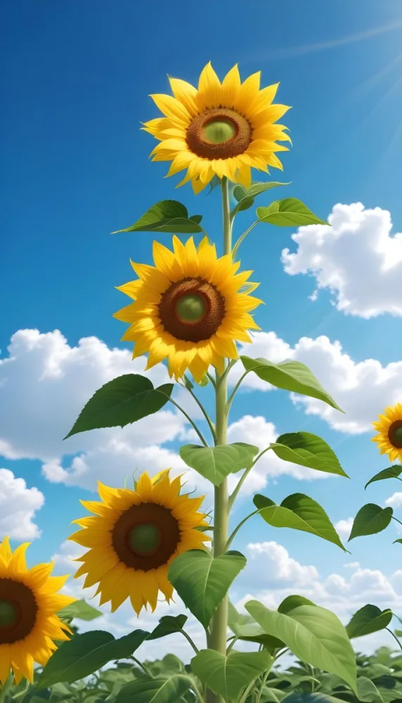 A Sunflower With Green Leaves And A Long Stem Against A Blue Sky With White Clouds And Sun Rays 7 8f87