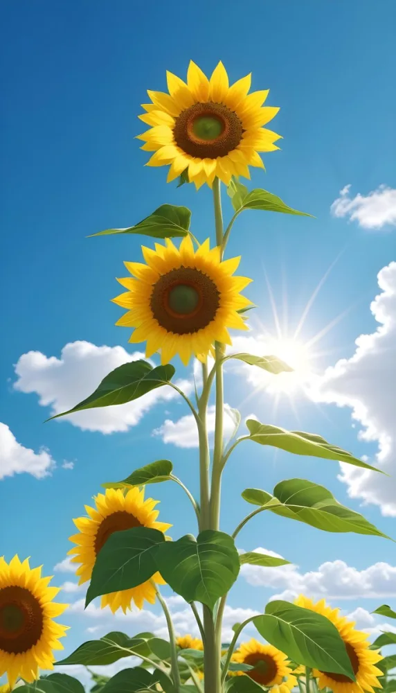 A Sunflower With Green Leaves And A Long Stem Against A Blue Sky With White Clouds And Sun Rays 9 7dc4
