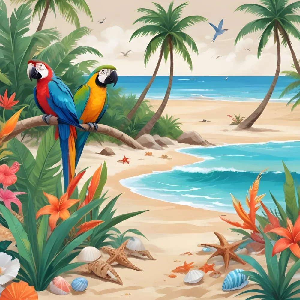 A Tropical Beach Scene With Palm Trees A Monkey Colorful Birds Dolphins And Various Sea Creatures On The Shore Featuring A Snowy Mountain In The Background With Clear Blue Skies And A Play 16 1273