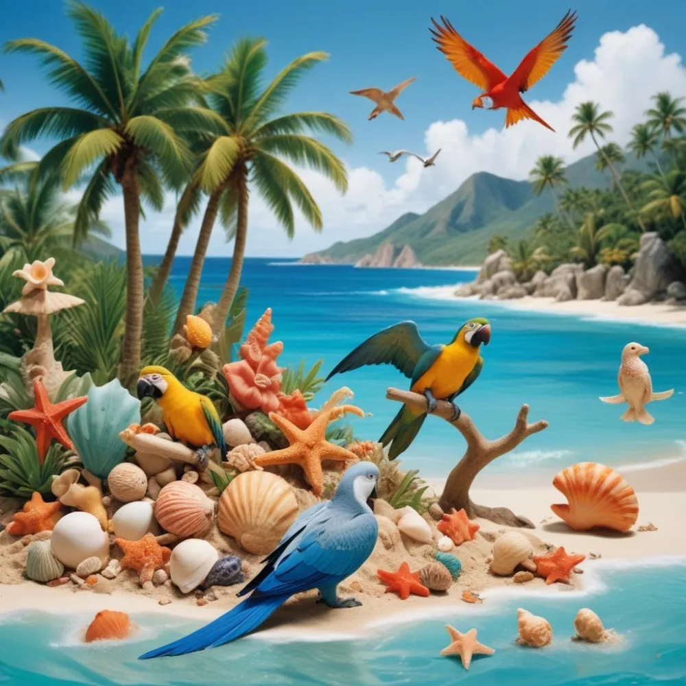 A Tropical Beach Scene With Palm Trees A Monkey Colorful Birds Dolphins And Various Sea Creatures On The Shore Featuring A Snowy Mountain In The Background With Clear Blue Skies And A Play 20 0e5c