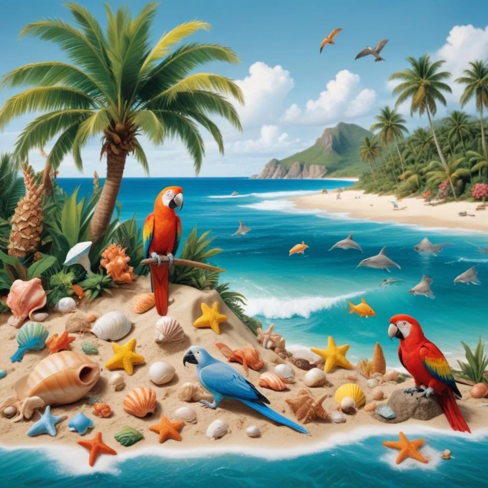 A Tropical Beach Scene With Palm Trees A Monkey Colorful Birds Dolphins And Various Sea Creatures On The Shore Featuring A Snowy Mountain In The Background With Clear Blue Skies And A Play 22 8638