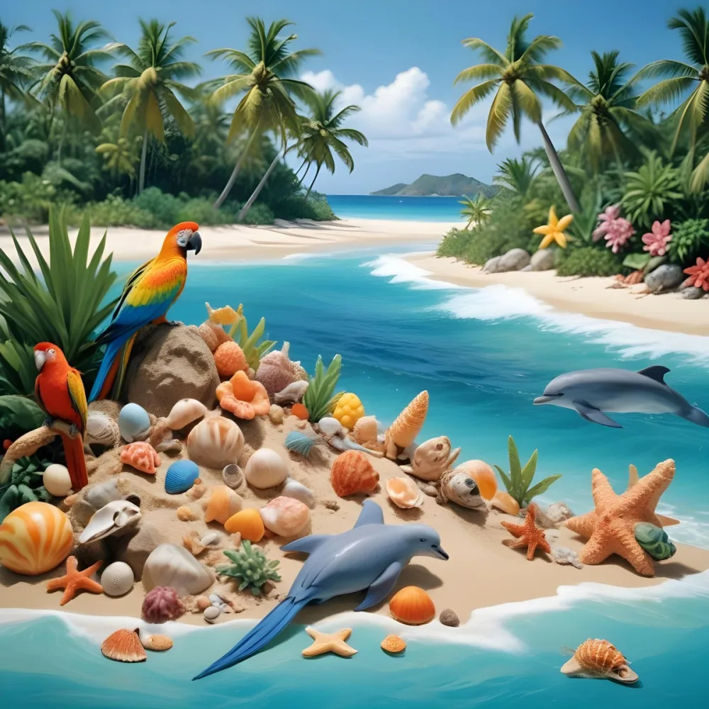 A Tropical Beach Scene With Palm Trees A Monkey Colorful Birds Dolphins And Various Sea Creatures On The Shore Featuring A Snowy Mountain In The Background With Clear Blue Skies And A Play 24 5827