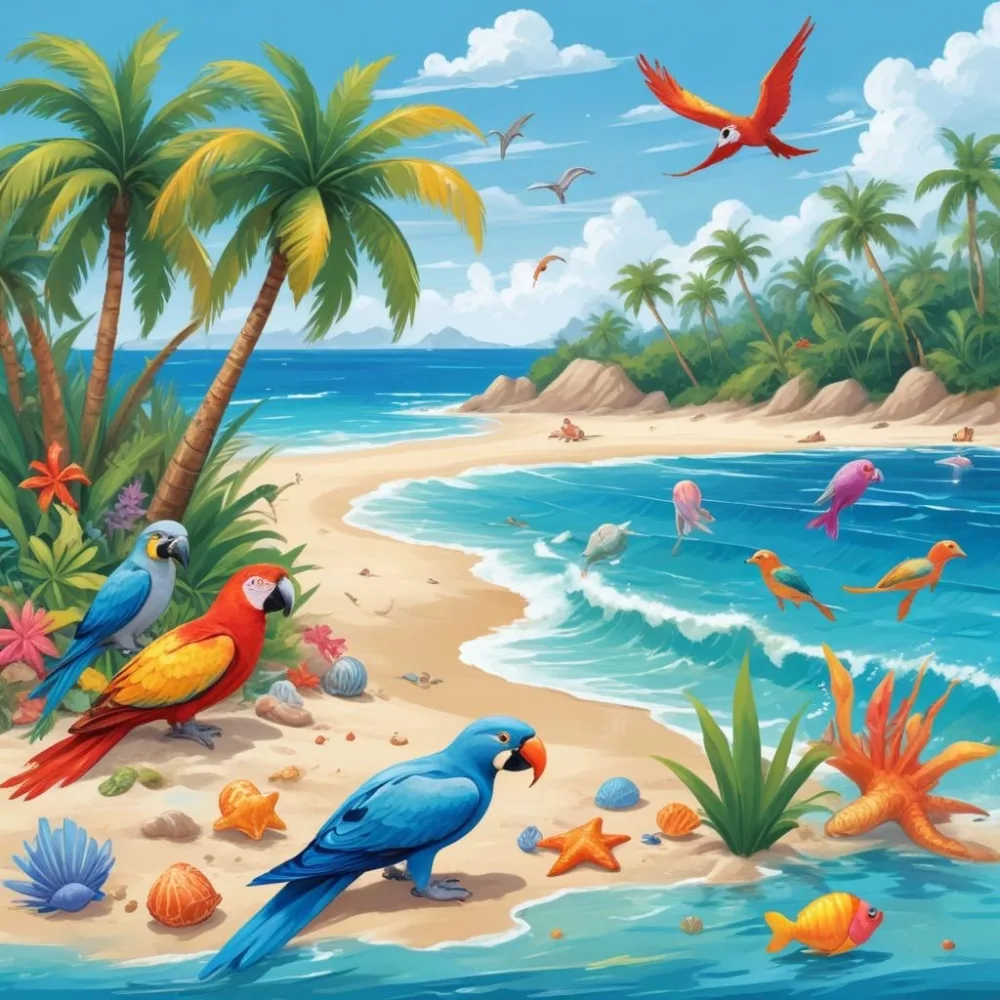 A Tropical Beach Scene With Palm Trees A Monkey Colorful Birds Dolphins And Various Sea Creatures On The Shore Featuring A Snowy Mountain In The Background With Clear Blue Skies And A Play 28 Bf0a