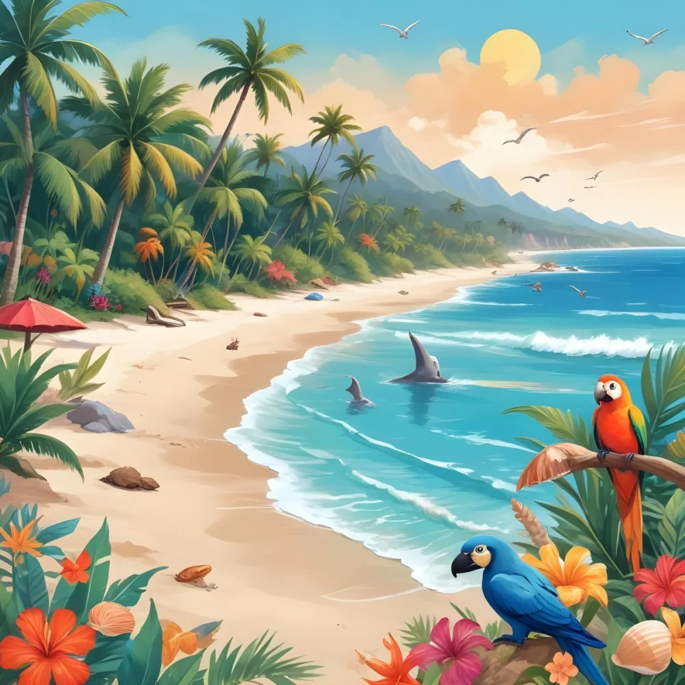 A Tropical Beach Scene With Palm Trees A Monkey Colorful Birds Dolphins And Various Sea Creatures On The Shore Featuring A Snowy Mountain In The Background With Clear Blue Skies And A Play 29 9e80