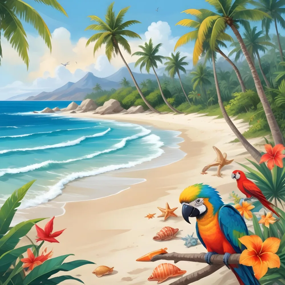 A Tropical Beach Scene With Palm Trees A Monkey Colorful Birds Dolphins And Various Sea Creatures On The Shore Featuring A Snowy Mountain In The Background With Clear Blue Skies And A Play 32 B360