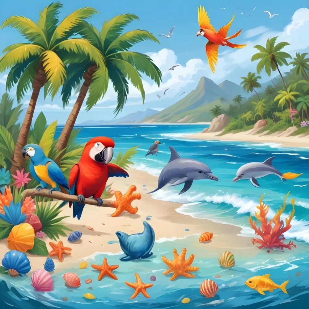 A Tropical Beach Scene With Palm Trees A Monkey Colorful Birds Dolphins And Various Sea Creatures On The Shore Featuring A Snowy Mountain In The Background With Clear Blue Skies And A Play 33 B222