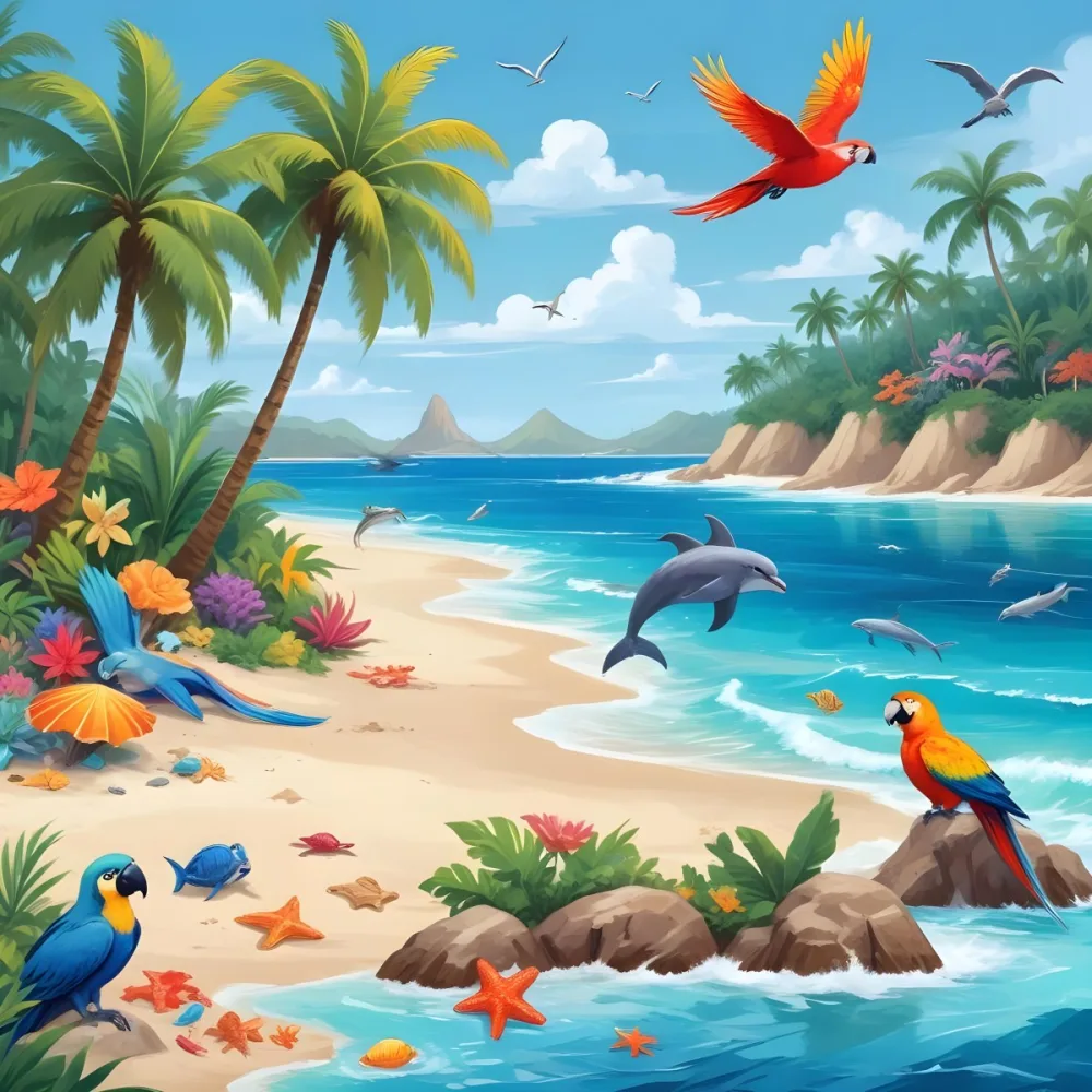 A Tropical Beach Scene With Palm Trees A Monkey Colorful Birds Dolphins And Various Sea Creatures On The Shore Featuring A Snowy Mountain In The Background With Clear Blue Skies And A Play 35 6dd8