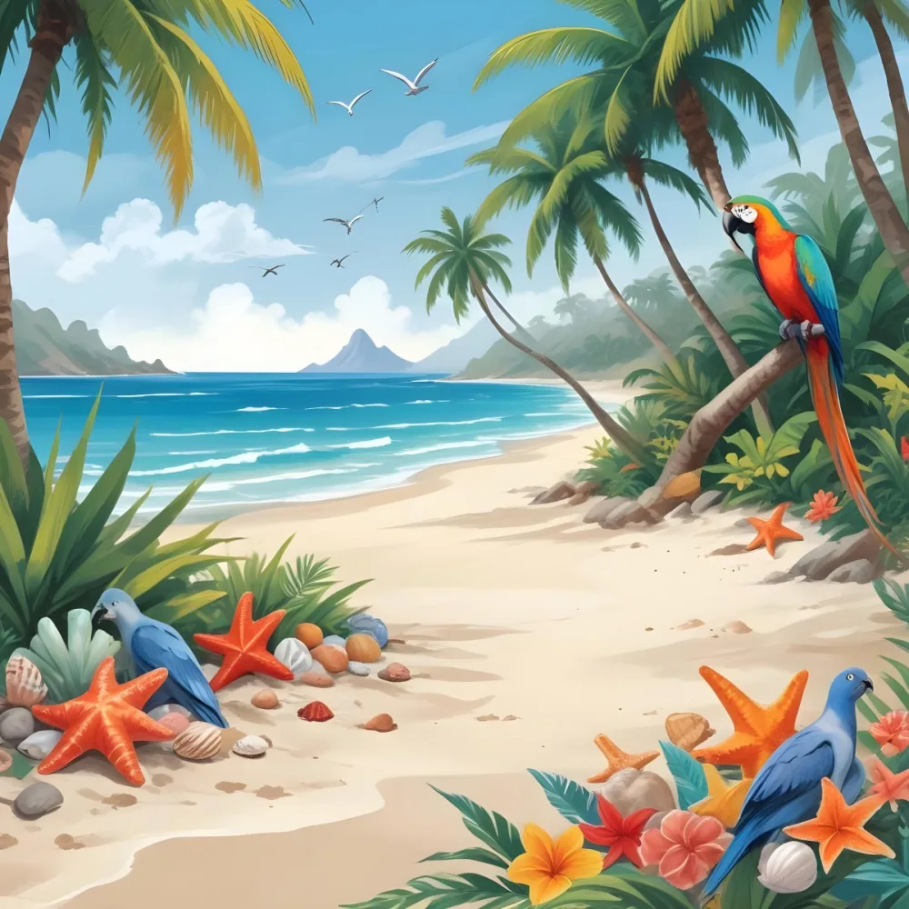 A Tropical Beach Scene With Palm Trees A Monkey Colorful Birds Dolphins And Various Sea Creatures On The Shore Featuring A Snowy Mountain In The Background With Clear Blue Skies And A Play 36 0e0a