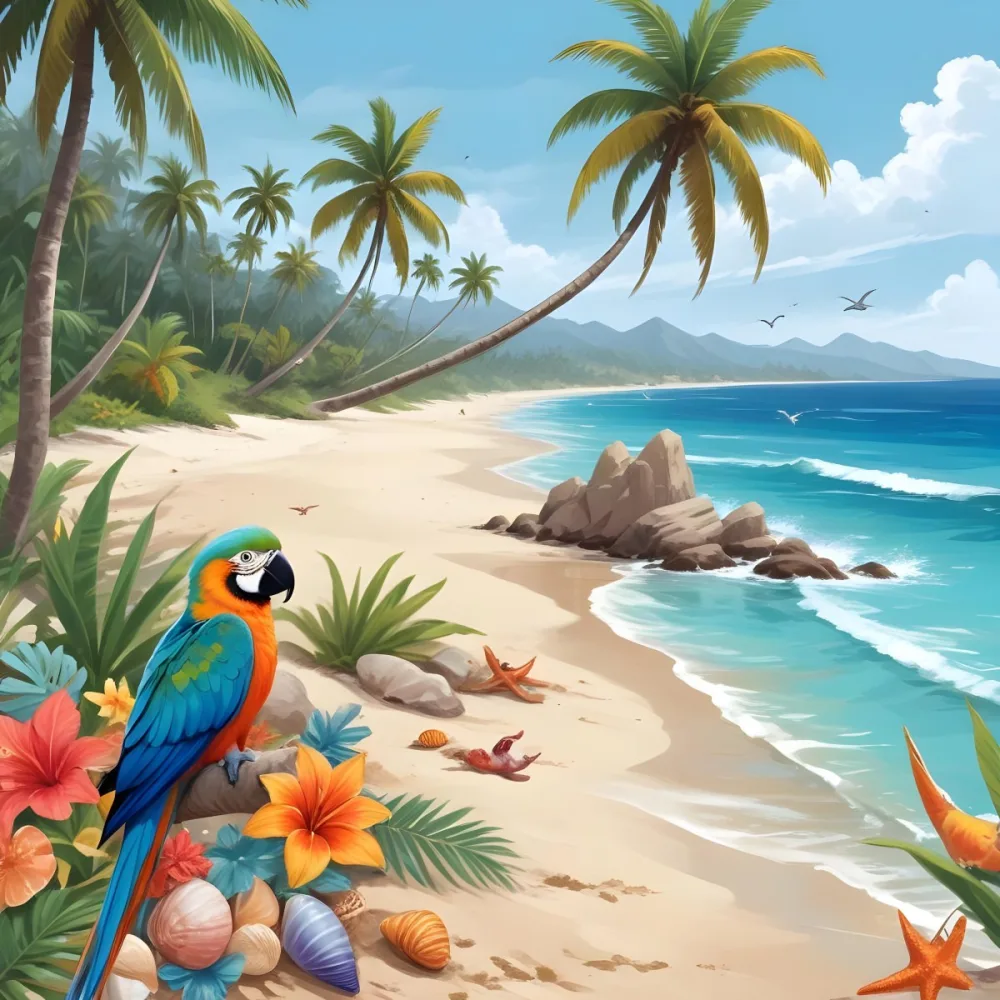 A Tropical Beach Scene With Palm Trees A Monkey Colorful Birds Dolphins And Various Sea Creatures On The Shore Featuring A Snowy Mountain In The Background With Clear Blue Skies And A Play 38 456b