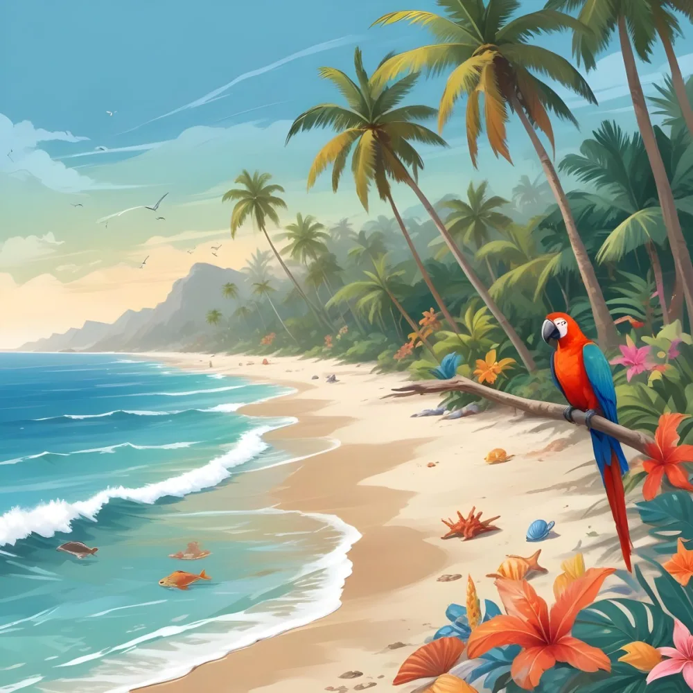 A Tropical Beach Scene With Palm Trees A Monkey Colorful Birds Dolphins And Various Sea Creatures On The Shore Featuring A Snowy Mountain In The Background With Clear Blue Skies And A Play 7 C299