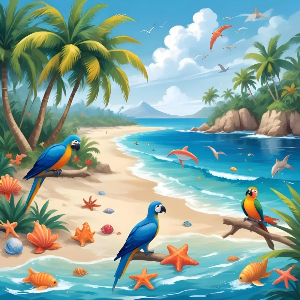 A Tropical Beach Scene With Palm Trees A Monkey Colorful Birds Dolphins And Various Sea Creatures On The Shore Featuring A Snowy Mountain In The Background With Clear Blue Skies And A Play 8 0776