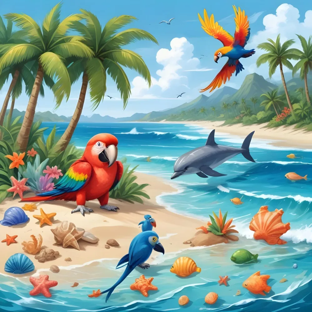 A Tropical Beach Scene With Palm Trees A Monkey Colorful Birds Dolphins And Various Sea Creatures On The Shore Featuring A Snowy Mountain In The Background With Clear Blue Skies And A Play 9 30a5