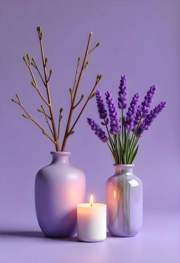 A Vase With Dry Branches And A Candle On The Left A Vase With Lavender On The Right Purple Background 5 9d87