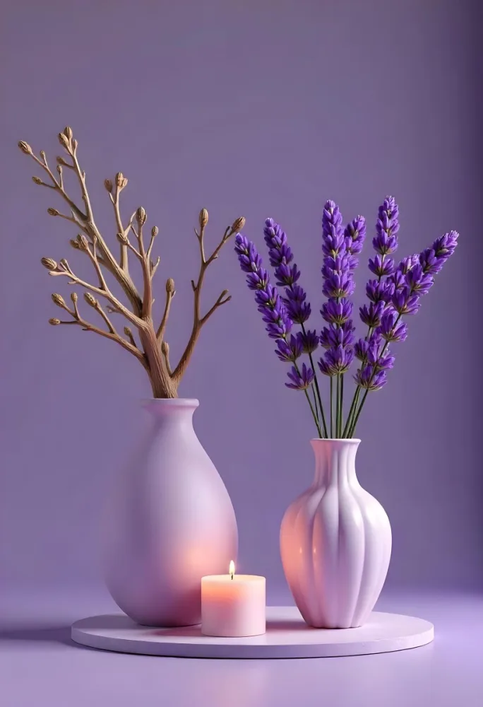 A Vase With Dry Branches And A Candle On The Left A Vase With Lavender On The Right Purple Background 6 D75c