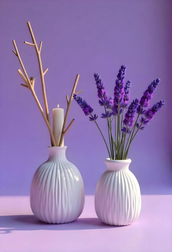 A Vase With Dry Branches And A Candle On The Left A Vase With Lavender On The Right Purple Background 7 62f9