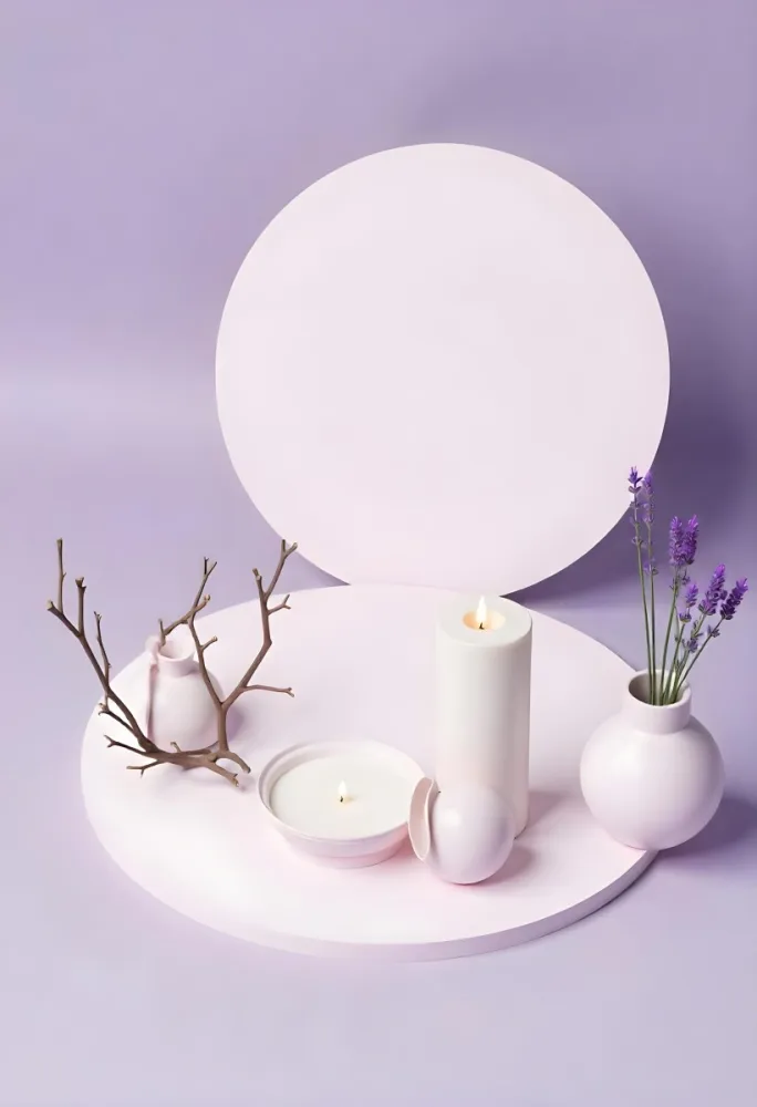 A Vase With Dry Branches And A Candle On The Left A Vase With Lavender On The Right Purple Background 8 9a01