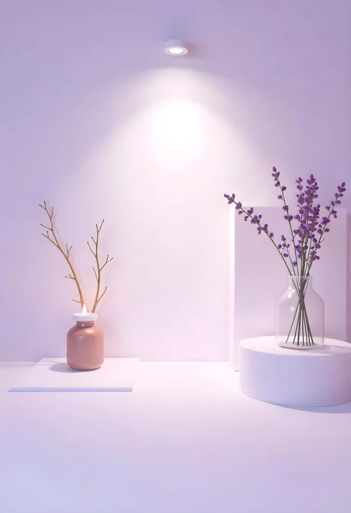 A Vase With Dry Branches And A Candle On The Left A Vase With Lavender On The Right Purple Background 9 7fa6