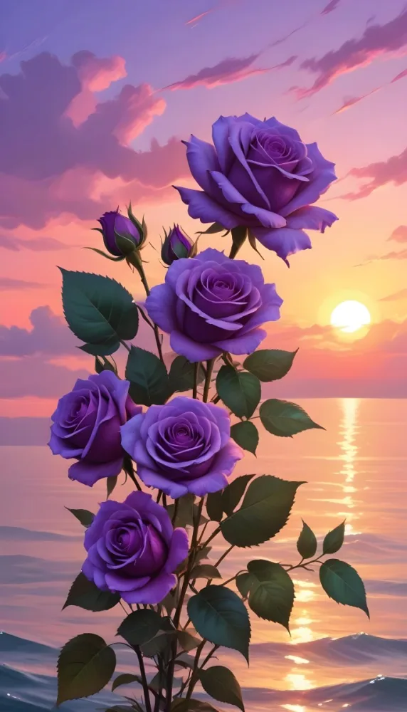 A Vertical Arrangement Of Purple Roses With Green Leaves Against A Backdrop Of A Sunset Over The Ocean With The Sun Reflecting On The Water 12 601a