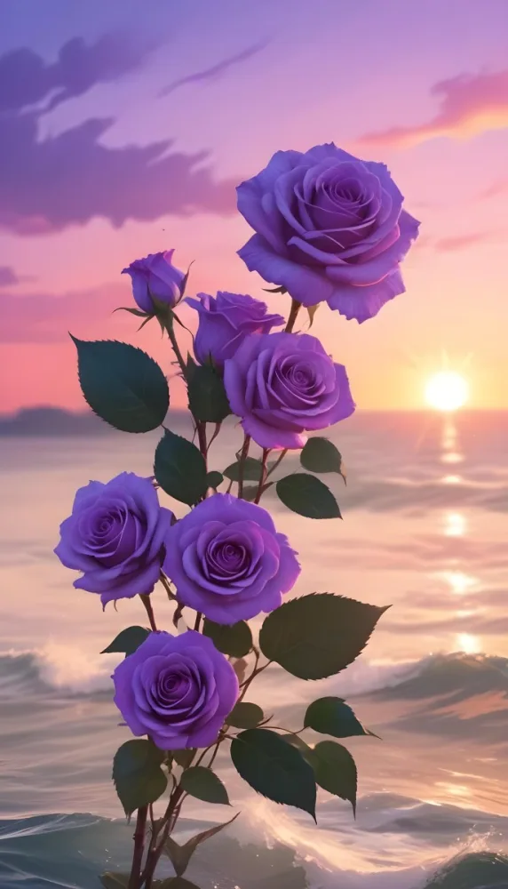 A Vertical Arrangement Of Purple Roses With Green Leaves Against A Backdrop Of A Sunset Over The Ocean With The Sun Reflecting On The Water 13 13e8