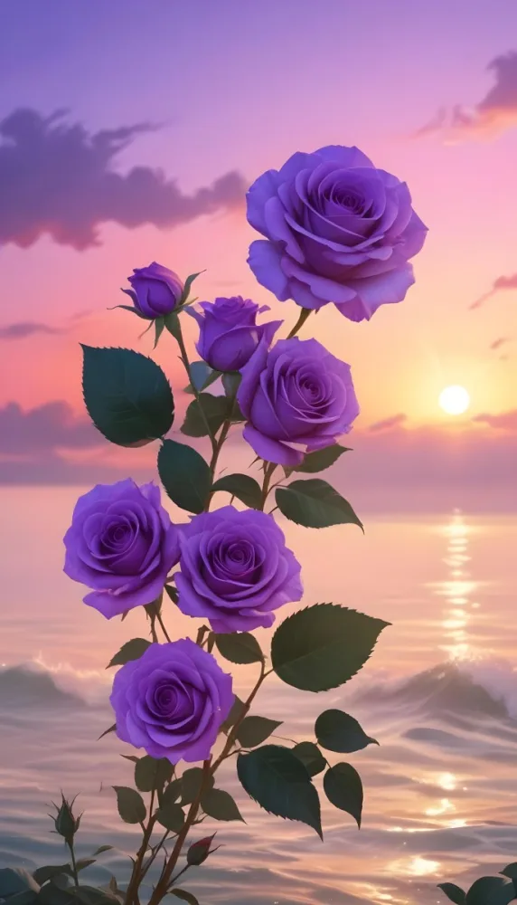 A Vertical Arrangement Of Purple Roses With Green Leaves Against A Backdrop Of A Sunset Over The Ocean With The Sun Reflecting On The Water 15 9c2f