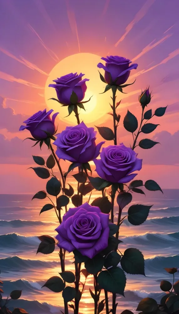 A Vertical Arrangement Of Purple Roses With Green Leaves Against A Backdrop Of A Sunset Over The Ocean With The Sun Reflecting On The Water 16 A607