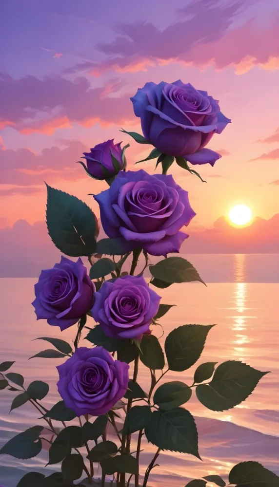 A Vertical Arrangement Of Purple Roses With Green Leaves Against A Backdrop Of A Sunset Over The Ocean With The Sun Reflecting On The Water 2 7adc