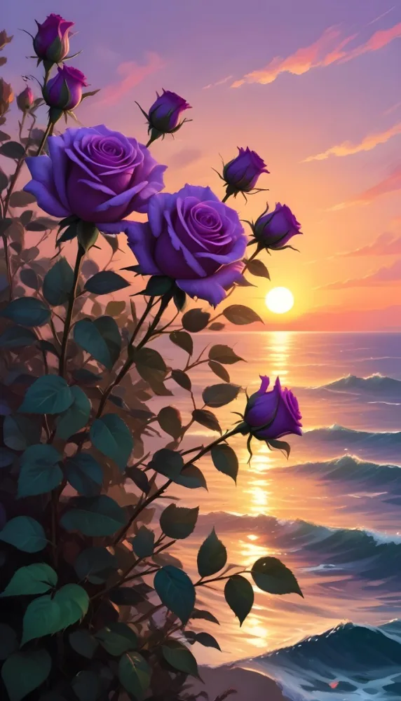 A Vertical Arrangement Of Purple Roses With Green Leaves Against A Backdrop Of A Sunset Over The Ocean With The Sun Reflecting On The Water 20 Aecb