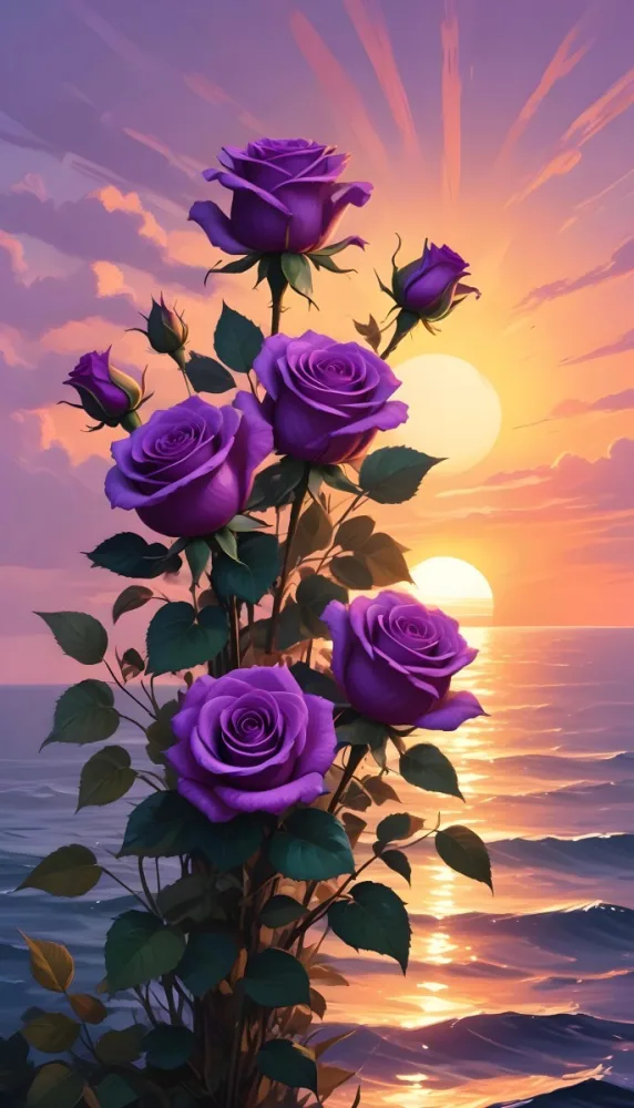 A Vertical Arrangement Of Purple Roses With Green Leaves Against A Backdrop Of A Sunset Over The Ocean With The Sun Reflecting On The Water 21 Ce7e