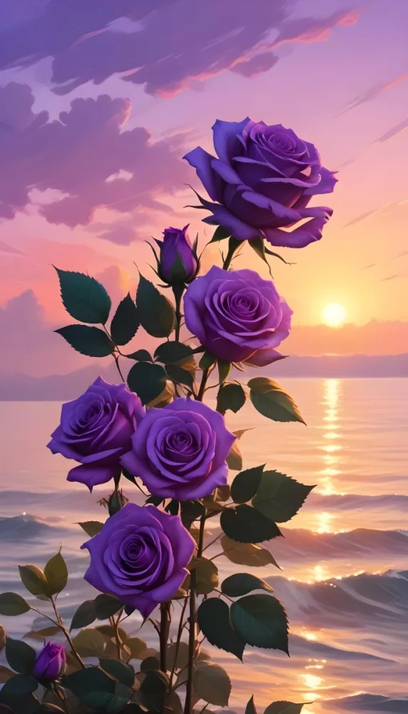 A Vertical Arrangement Of Purple Roses With Green Leaves Against A Backdrop Of A Sunset Over The Ocean With The Sun Reflecting On The Water 22 D8cc