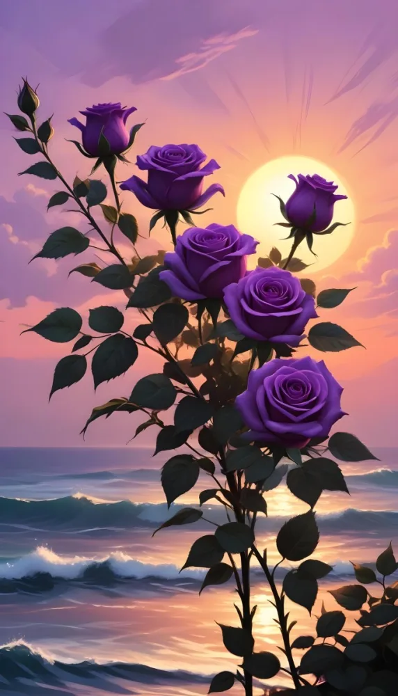 A Vertical Arrangement Of Purple Roses With Green Leaves Against A Backdrop Of A Sunset Over The Ocean With The Sun Reflecting On The Water 24 Bca1