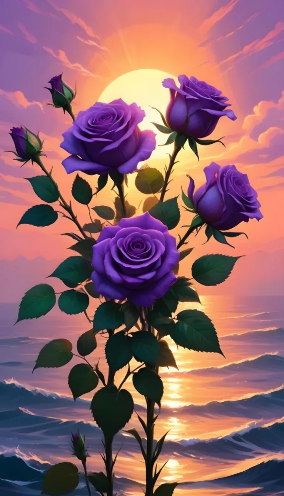 A Vertical Arrangement Of Purple Roses With Green Leaves Against A Backdrop Of A Sunset Over The Ocean With The Sun Reflecting On The Water 26 11b5
