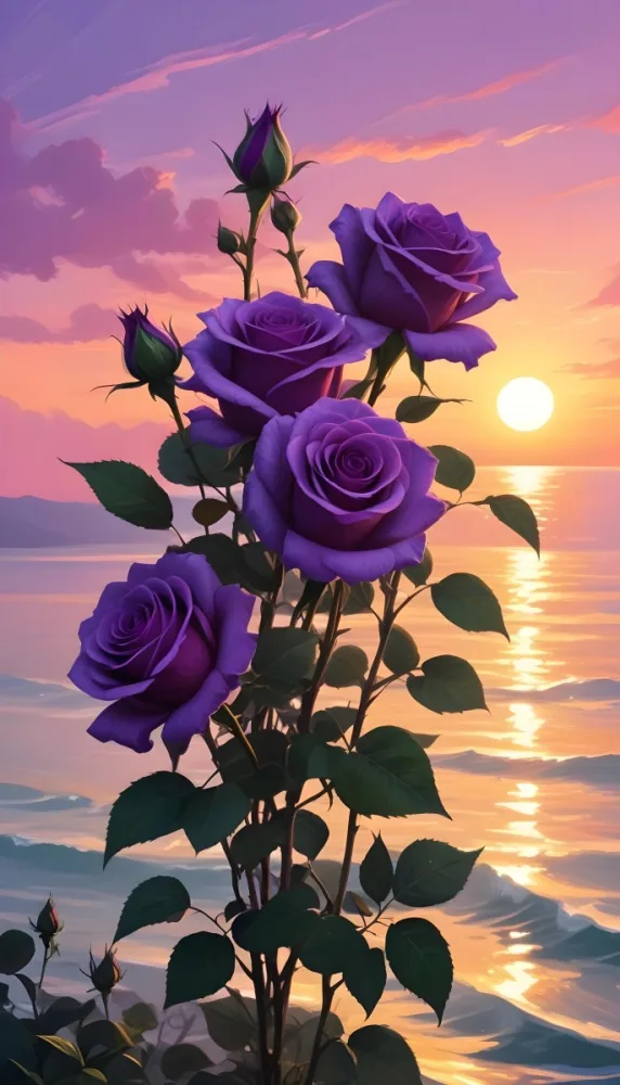 A Vertical Arrangement Of Purple Roses With Green Leaves Against A Backdrop Of A Sunset Over The Ocean With The Sun Reflecting On The Water 4 99e4