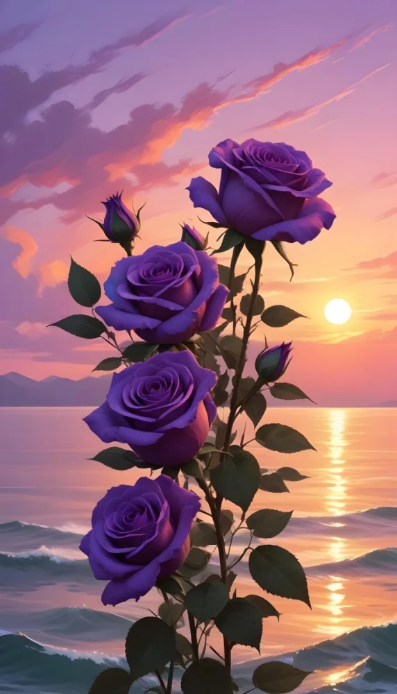 A Vertical Arrangement Of Purple Roses With Green Leaves Against A Backdrop Of A Sunset Over The Ocean With The Sun Reflecting On The Water 6 87aa