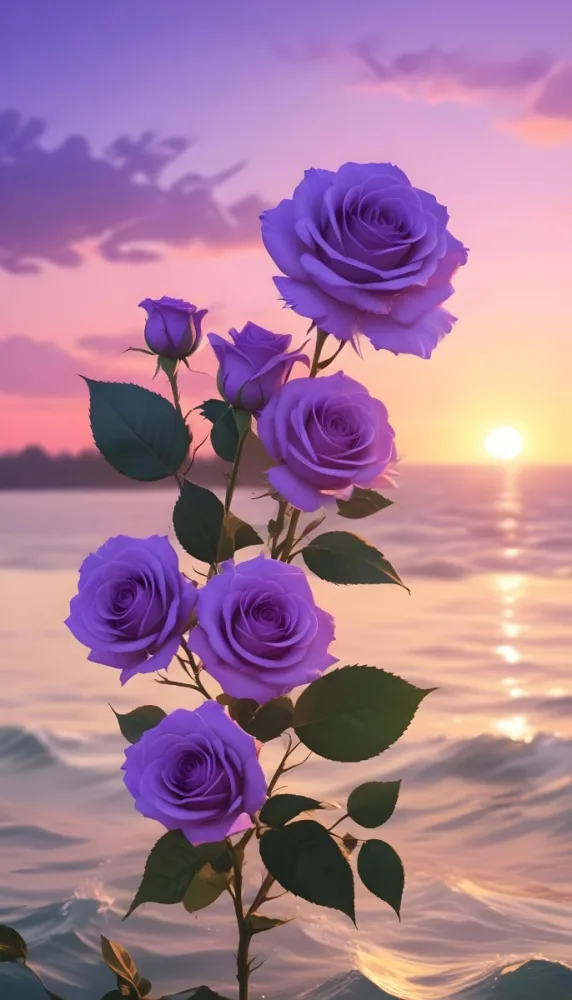 A Vertical Arrangement Of Purple Roses With Green Leaves Against A Backdrop Of A Sunset Over The Ocean With The Sun Reflecting On The Water 7 0b3f