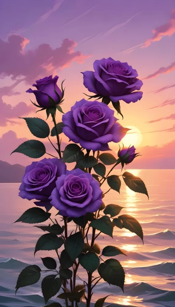 A Vertical Arrangement Of Purple Roses With Green Leaves Against A Backdrop Of A Sunset Over The Ocean With The Sun Reflecting On The Water 8 2b0c