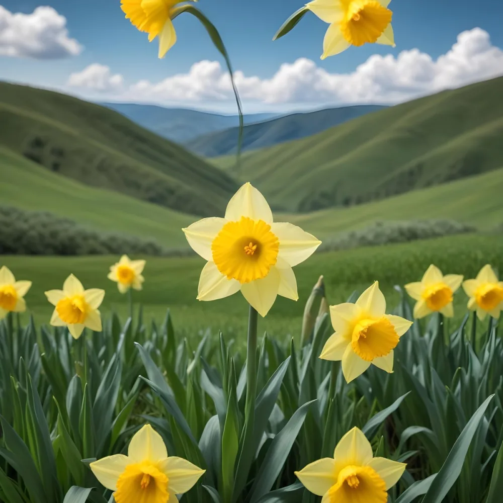 A Vibrant Yellow Daffodil With A Detailed Center Surrounded By Green Leaves Set Against A Backdrop Of Rolling Green Hills And A Blue Sky With Fluffy White Clouds 12 Be68