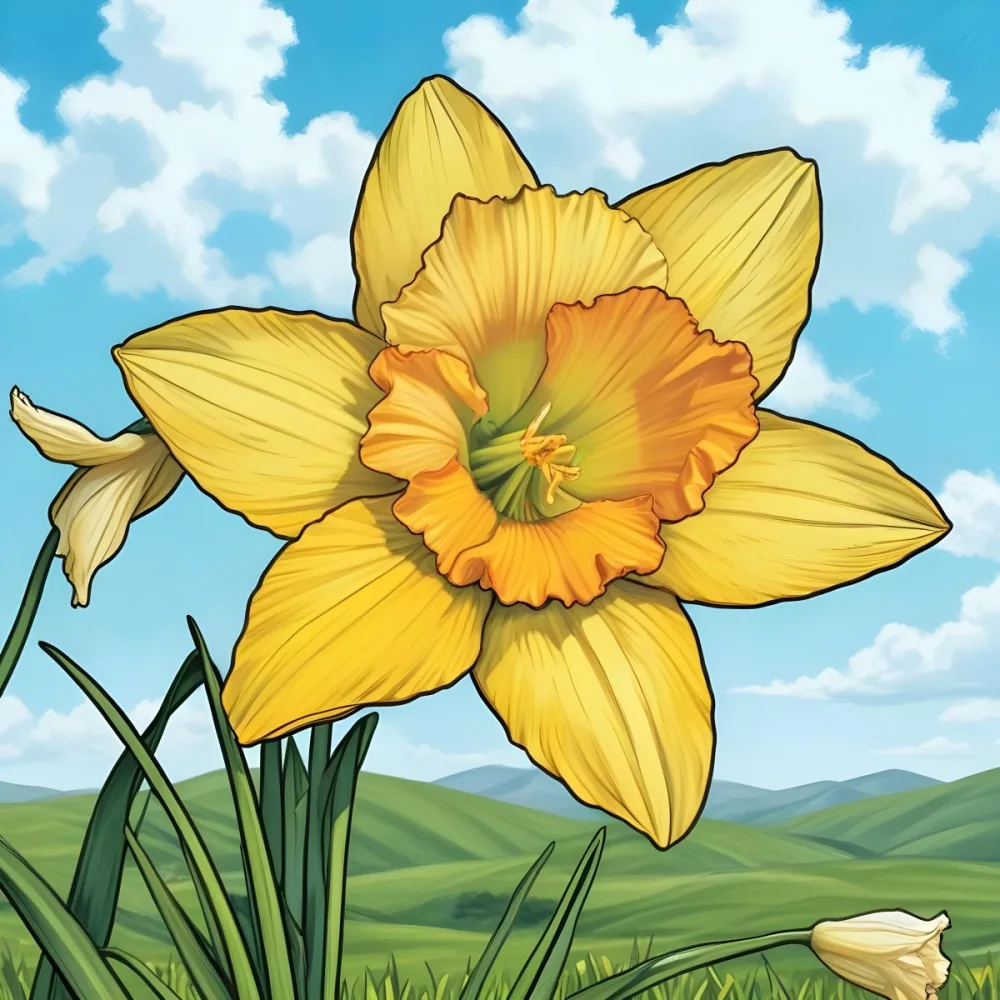A Vibrant Yellow Daffodil With A Detailed Center Surrounded By Green Leaves Set Against A Backdrop Of Rolling Green Hills And A Blue Sky With Fluffy White Clouds 13 C997