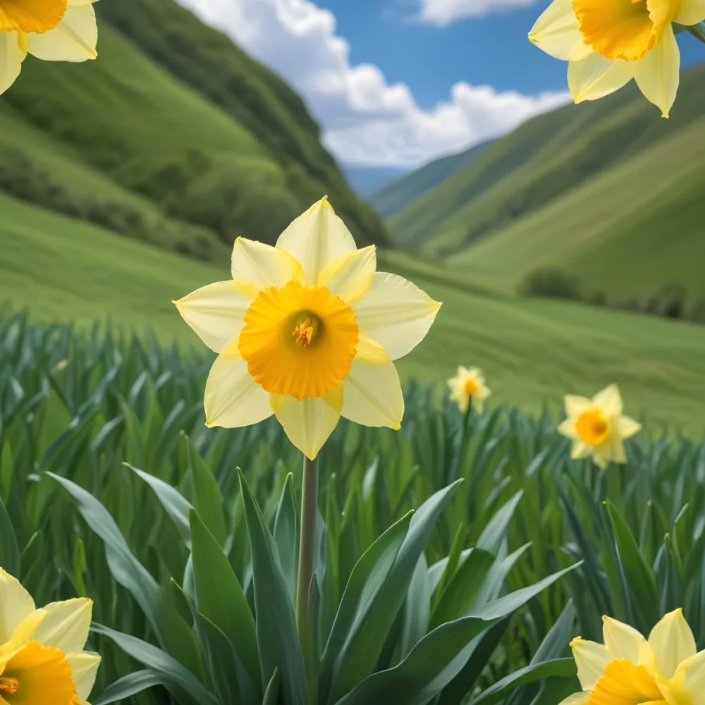 A Vibrant Yellow Daffodil With A Detailed Center Surrounded By Green Leaves Set Against A Backdrop Of Rolling Green Hills And A Blue Sky With Fluffy White Clouds 14 73e7