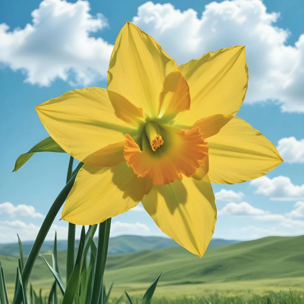 A Vibrant Yellow Daffodil With A Detailed Center Surrounded By Green Leaves Set Against A Backdrop Of Rolling Green Hills And A Blue Sky With Fluffy White Clouds 15 9e7d