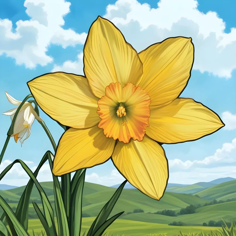 A Vibrant Yellow Daffodil With A Detailed Center Surrounded By Green Leaves Set Against A Backdrop Of Rolling Green Hills And A Blue Sky With Fluffy White Clouds 19 8f89