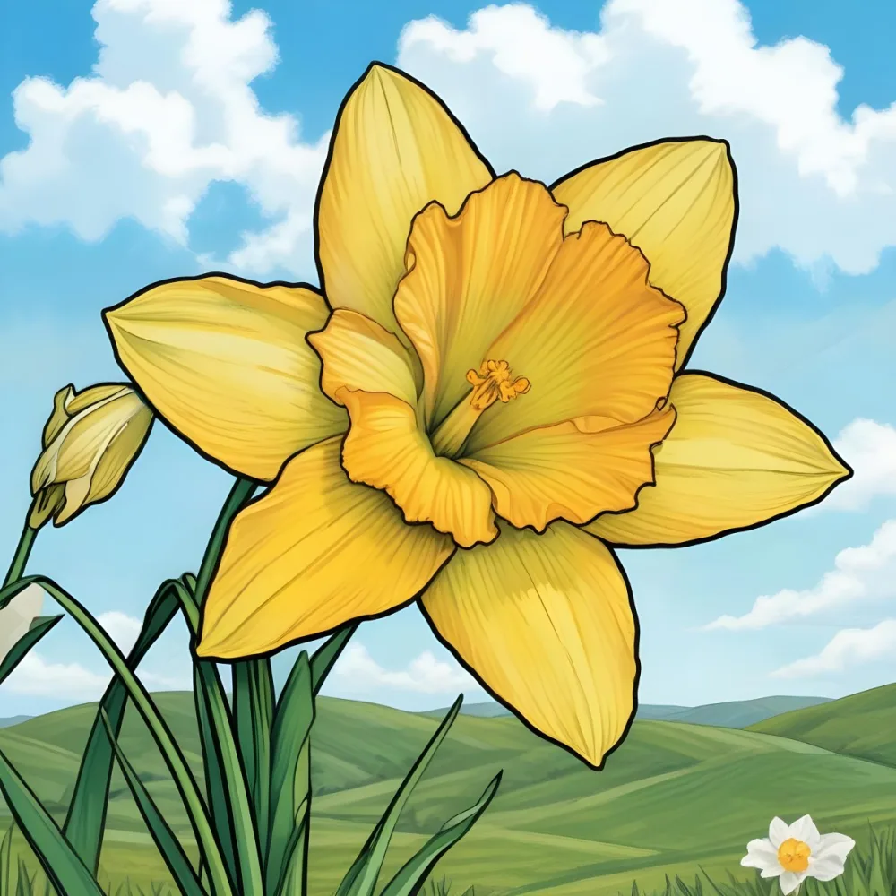 A Vibrant Yellow Daffodil With A Detailed Center Surrounded By Green Leaves Set Against A Backdrop Of Rolling Green Hills And A Blue Sky With Fluffy White Clouds 20 0abb