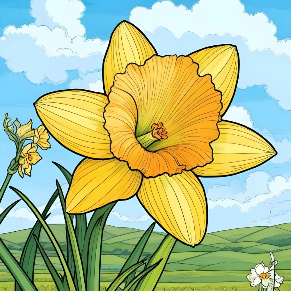 A Vibrant Yellow Daffodil With A Detailed Center Surrounded By Green Leaves Set Against A Backdrop Of Rolling Green Hills And A Blue Sky With Fluffy White Clouds 21 2067