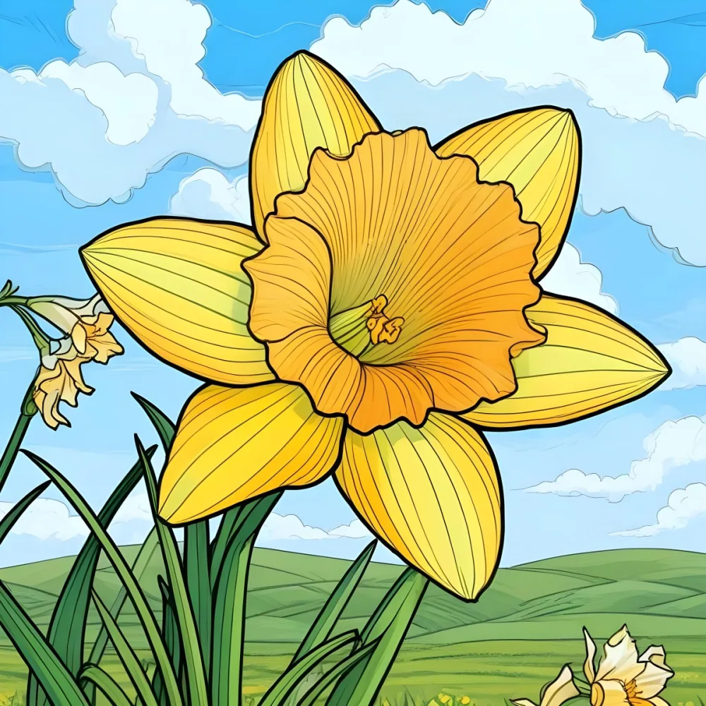 A Vibrant Yellow Daffodil With A Detailed Center Surrounded By Green Leaves Set Against A Backdrop Of Rolling Green Hills And A Blue Sky With Fluffy White Clouds 22 3cd1