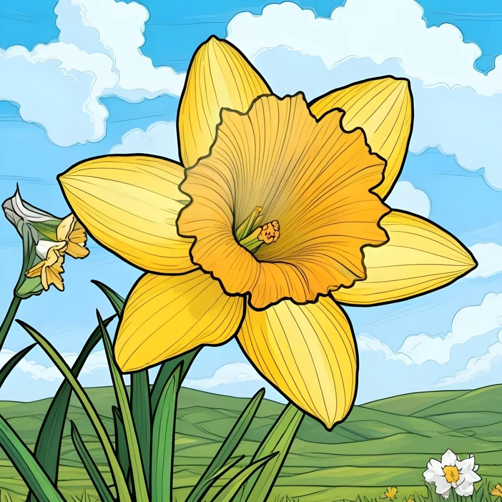 A Vibrant Yellow Daffodil With A Detailed Center Surrounded By Green Leaves Set Against A Backdrop Of Rolling Green Hills And A Blue Sky With Fluffy White Clouds 23 Ed14