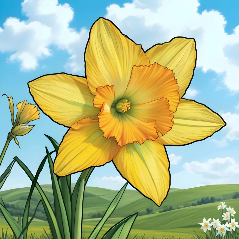 A Vibrant Yellow Daffodil With A Detailed Center Surrounded By Green Leaves Set Against A Backdrop Of Rolling Green Hills And A Blue Sky With Fluffy White Clouds 24 6d8c