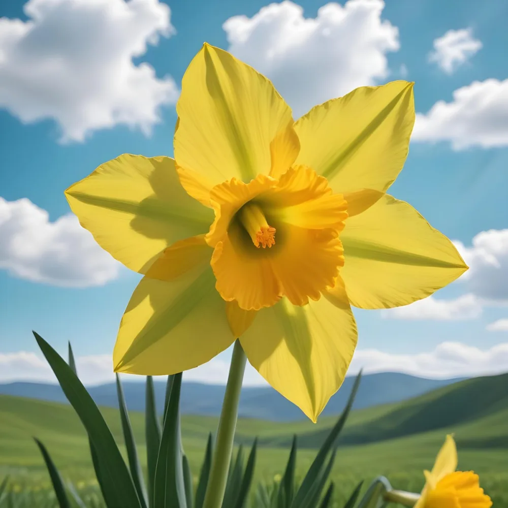 A Vibrant Yellow Daffodil With A Detailed Center Surrounded By Green Leaves Set Against A Backdrop Of Rolling Green Hills And A Blue Sky With Fluffy White Clouds 3 0f10