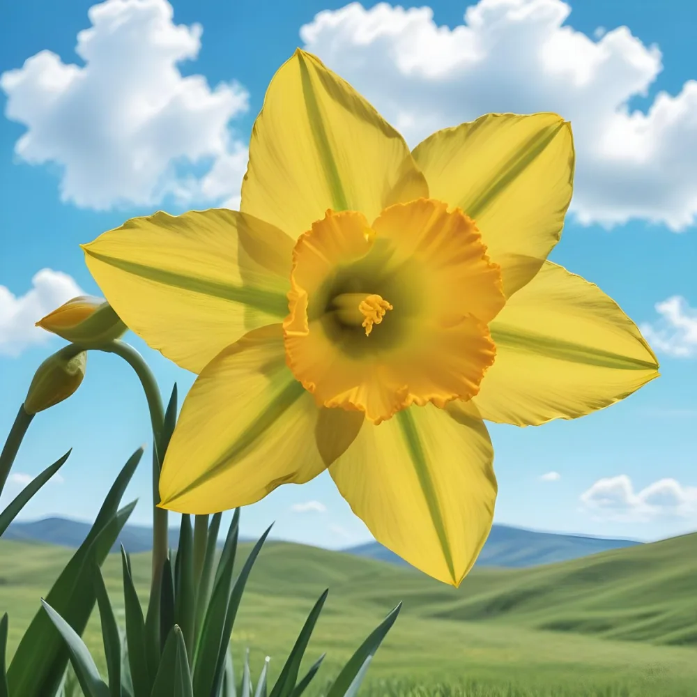 A Vibrant Yellow Daffodil With A Detailed Center Surrounded By Green Leaves Set Against A Backdrop Of Rolling Green Hills And A Blue Sky With Fluffy White Clouds 4 6f8a