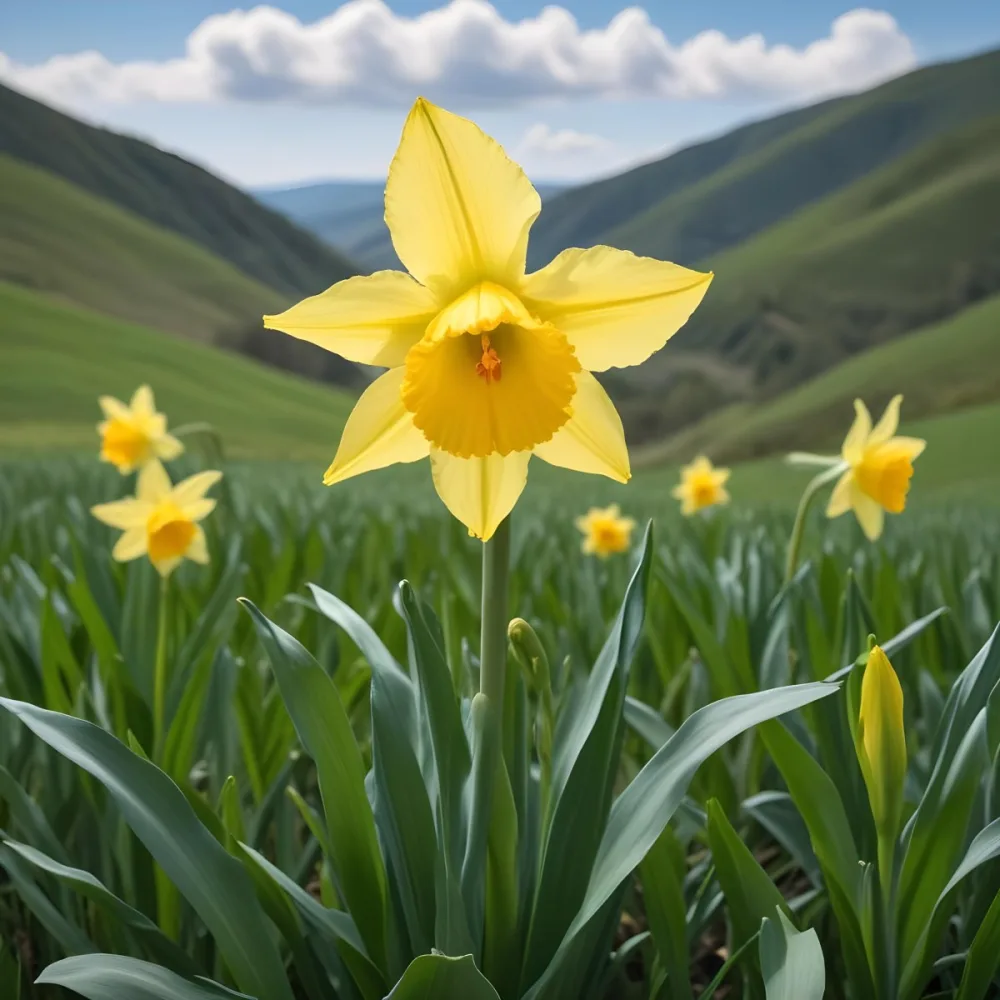 A Vibrant Yellow Daffodil With A Detailed Center Surrounded By Green Leaves Set Against A Backdrop Of Rolling Green Hills And A Blue Sky With Fluffy White Clouds 5 C1b4
