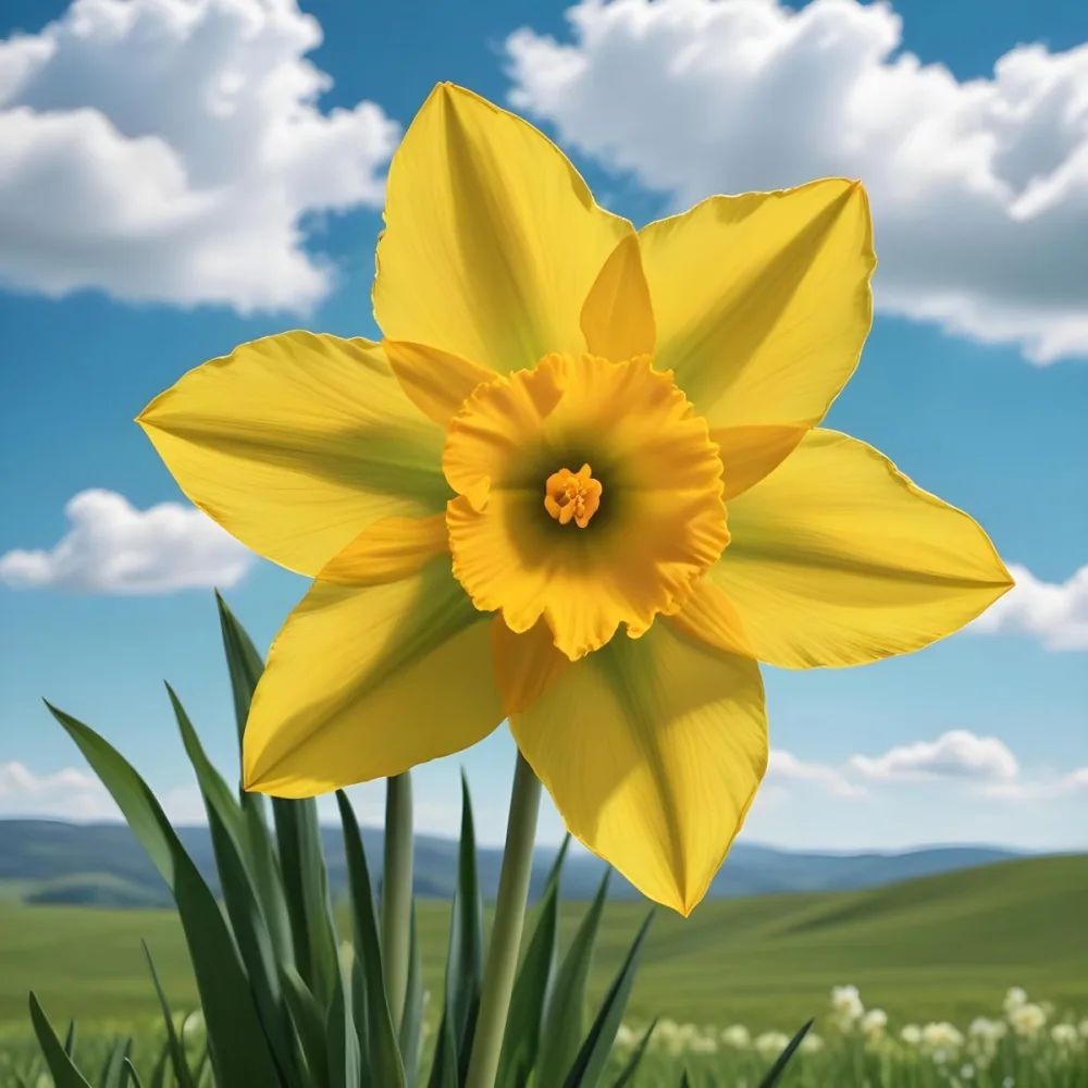 A Vibrant Yellow Daffodil With A Detailed Center Surrounded By Green Leaves Set Against A Backdrop Of Rolling Green Hills And A Blue Sky With Fluffy White Clouds 6 4a9d